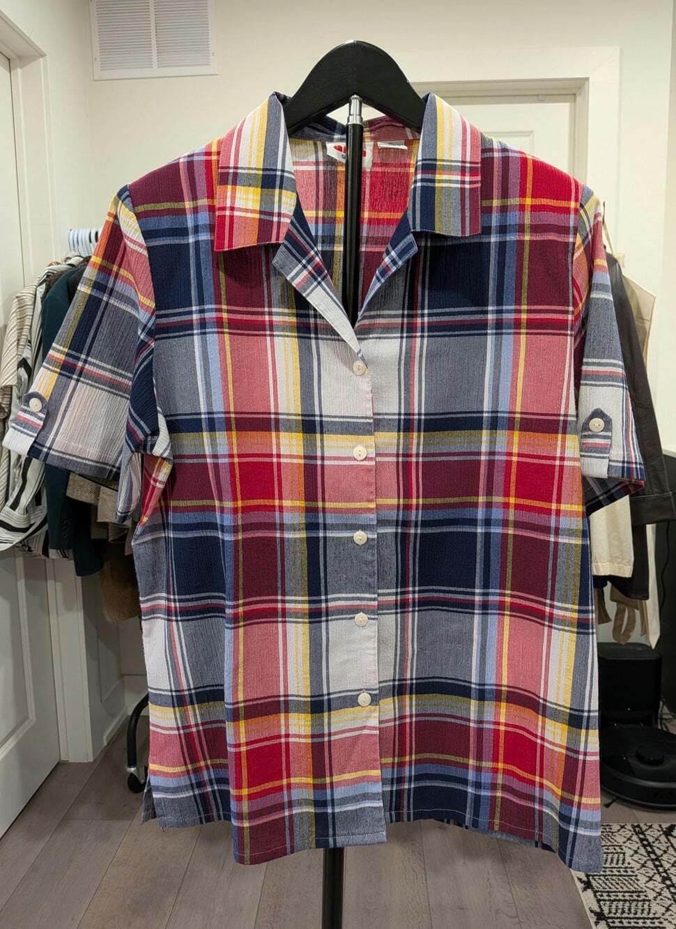 Vintage 90s Alia Sport Plaid Short Sleeve Blouse Shoulder Pads Size 10